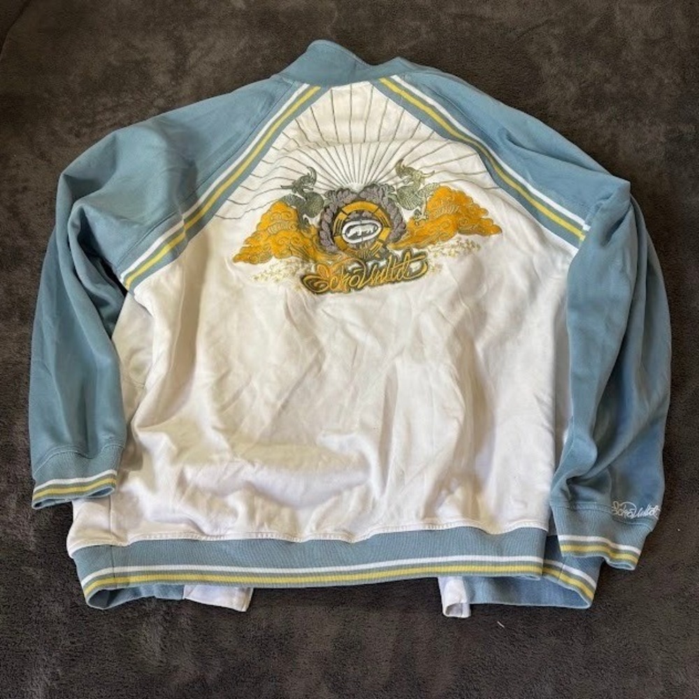 Ecko Unltd Vintage Track Jacket Mens 3XL Blue Dragon Embroidered BROKEN ZIPPER